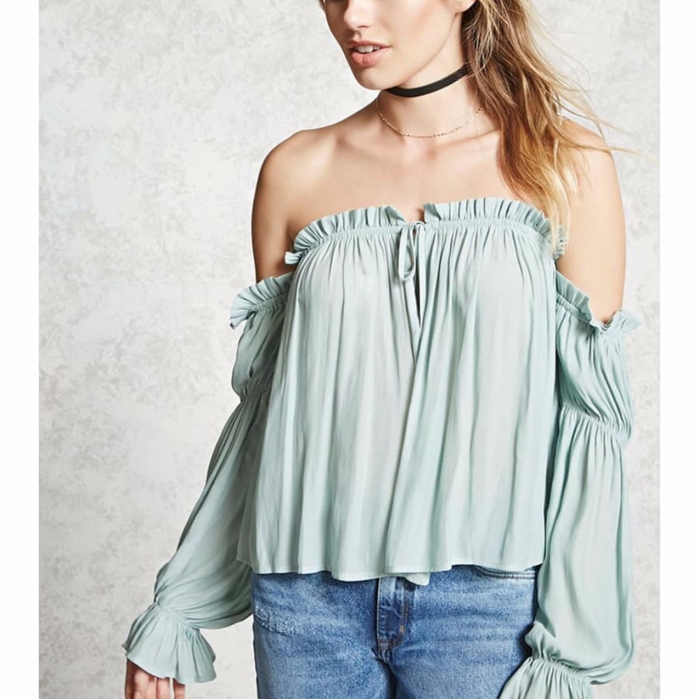 Forever 21 Sage Green Ruffle Off the Shoulder Top